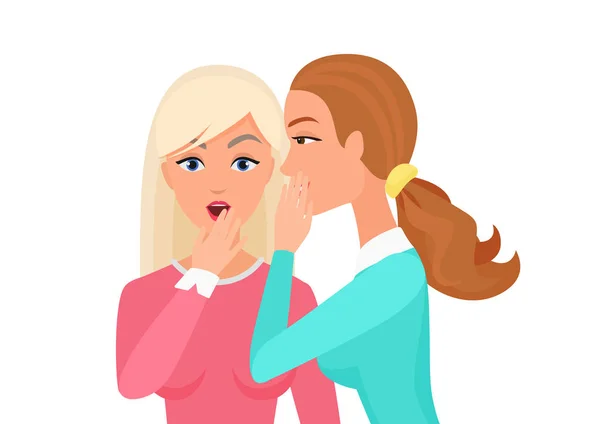 Vrouw whispering gossip, verbaasd, zegt geruchten aan andere vrouwelijke karakter. Roddelen geheime vrouw platte vectorillustratie. — Stockvector