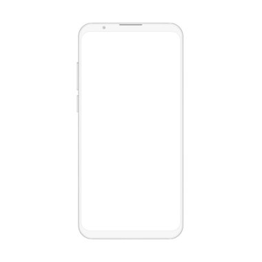Yüksek kalite gerçekçi trendy yumuşak temiz hiçbir çerçeve beyaz smartphone boş beyaz ekran ile. Vektör Mockup telefon görsel UI app gösteri için.