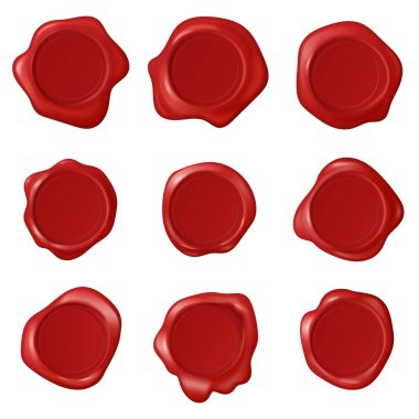 Retro vintage mühür mum pul vektör kümesi. Gerçekçi damga balmumu topluluğu. Sertifika için kırmızı pul etiketleri.