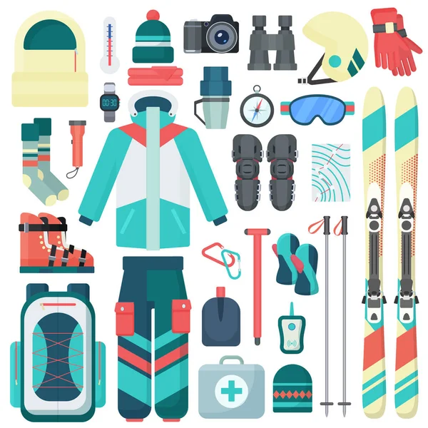 Winter skiing equipment vector icons set. Travel sport mountain activity equipment isolated.