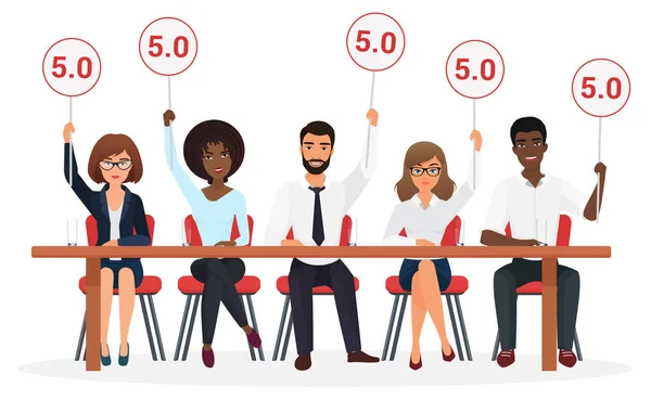 Grupo de jóvenes jueces de competición profesional. Jurado de personas sosteniendo tablillas con estimaciones . — Archivo Imágenes Vectoriales