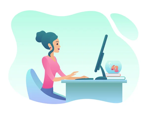 Jeune femme travaille sur ordinateur portable dans le bureau. Illustration vectorielle couleur dégradé tendance . — Image vectorielle