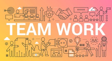 Takım iş kelime trendy kompozisyon kavramı afiş. Anahattı kontur takım çalışması, liderlik, yaratıcı grup topluluk office. Tipografi yazı düz çizgi simgeler.