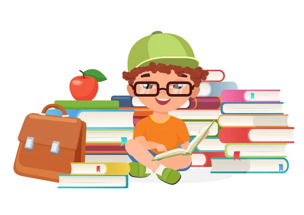 Niño alumno leyendo libros solo vector ilustración . — Archivo Imágenes Vectoriales