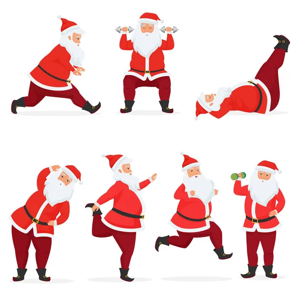 Vecteur drôle et mignon Père Noël ensemble fait des exercices de gymnastique avec haltères et haltère isolé. Sport fitness santa . — Image vectorielle