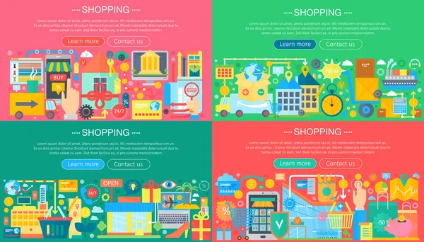 Online winkelen en E-Commerce concepten collectie. Online e commerce infographics sjabloonontwerp, winkelen pictogrammen webelementen-koptekst vector illustratie. — Stockvector