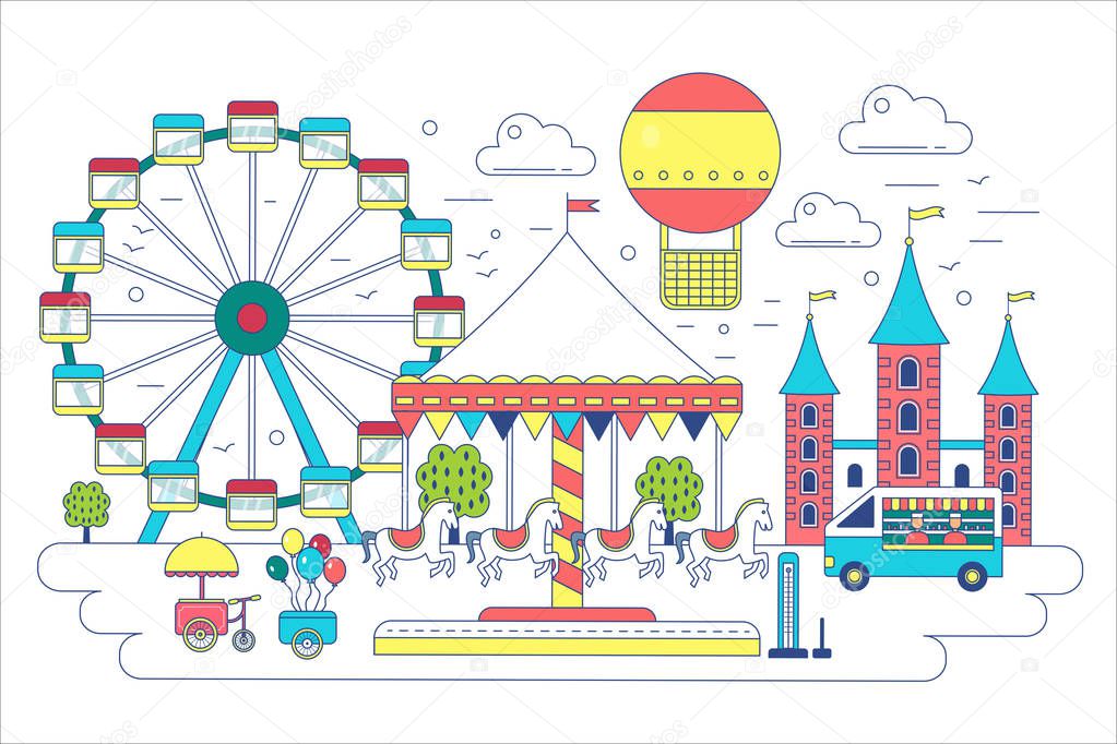 Amusement park flat line vector illustration. Circus, ferris wheel, attractions, aerostat balloon in air.