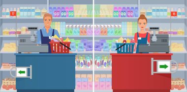 Young man and woman cashier at the checkout in supermarket. Vector female and male cashier working at the cash register. clipart