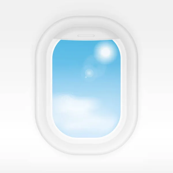 Avión realista ventana interior con cielo azul nublado exterior. Ventanas de avión viaje o concepto de vector turístico . — Archivo Imágenes Vectoriales