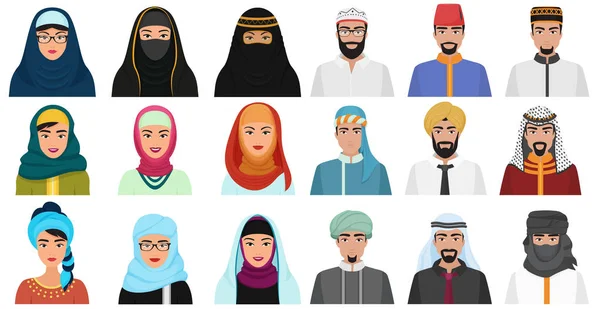 Ισλάμ κινουμένων σχεδίων εικονίδια άτομα. Αραβική μουσουλμανική είδωλα μουσουλμανική πρόσωπο αρχηγοί αρσενικό και θηλυκό. — Διανυσματικό Αρχείο