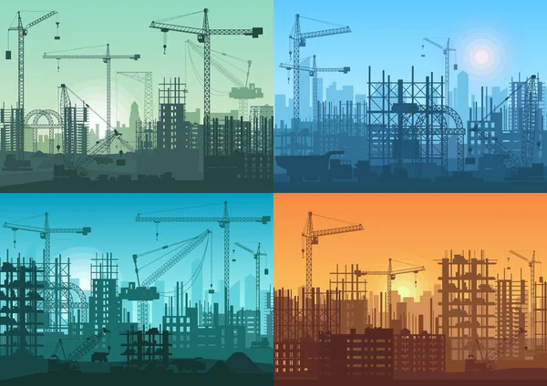 Amanecer por la mañana, puesta de sol y construcciones de día conjunto de fondo. Vector Proceso de construcción industrial en construcción . — Vector de stock