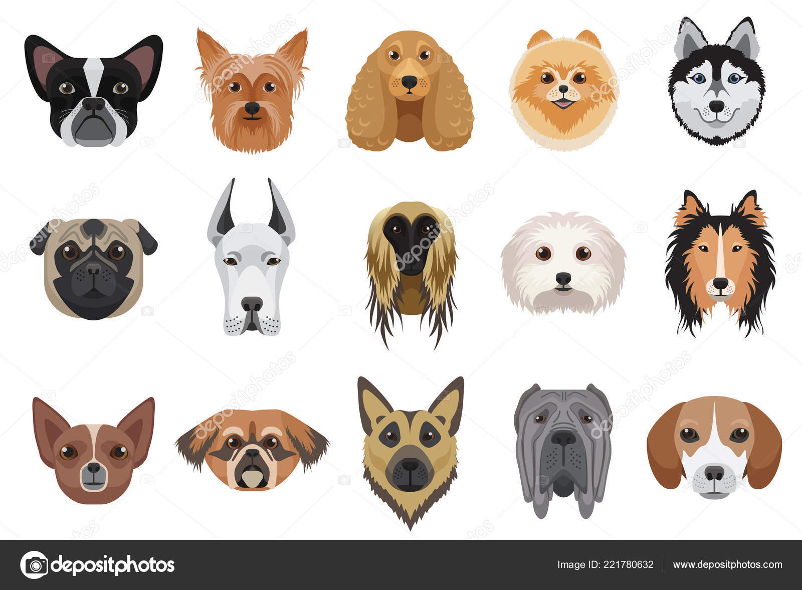 Chiens De Dessin Animé Tête Visage émoticônes Set Vector
