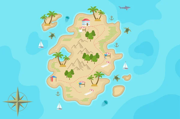 Pirata fantasia cartoon ilha mapa. Ilha do tesouro vetorial . — Vetor de Stock