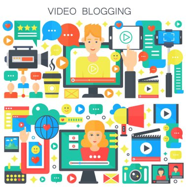 Video blogging, webinar eğitim, kadın ve erkek blogger kavramı düz vektör çizim.