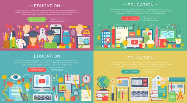 Ensemble vectoriel de concepts de conception d'enseignement plat. Retour à l'école concept horizontal avec des éléments d'icônes scolaires . — Image vectorielle