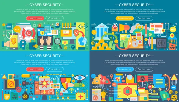 Coleção vetorial de conjuntos de conceitos de design de segurança cibernética plana. Serviço de dados em nuvem, proteção de computador e conceito de ataque de hackers com ícones escolares itens . —  Vetores de Stock