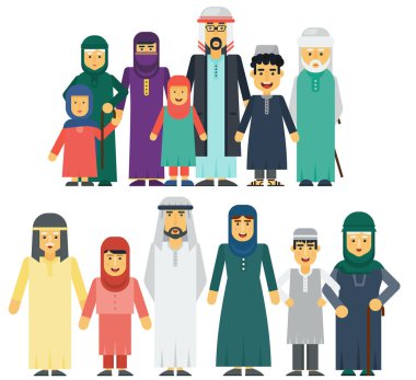 Müslüman insanlar baba, Anne, Büyükanne, Büyükbaba, oğlu ve kızı birlikte ayakta. Geleneksel islam Müslüman aile vektör çizim.
