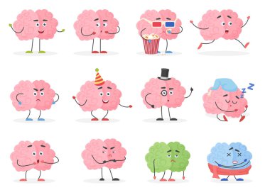 Beyin karakter emoji emoticons ayarlayın. Komik karikatür beyin duygu ve faaliyetleri illüstrasyon vektör.