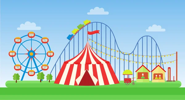 Vector Flat illustration of classic Amusement park. — Stock Vector