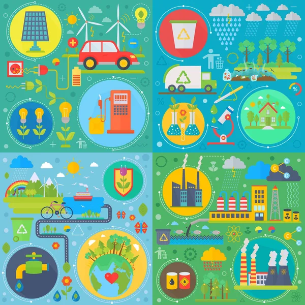 Trendy platte ecologie vector ontwerpset voor web icons. Ecologisch vriendelijk, lage zero emissie. Moderne groene elektriciteitscentrales en energie produceren van stations. Aarde redden. — Stockvector