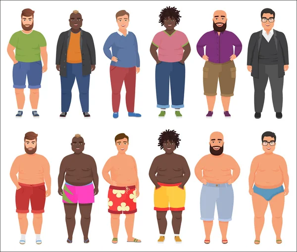 Hombre gordo en ropa interior casual y de verano conjunto. Más tamaño hombres . — Vector de stock