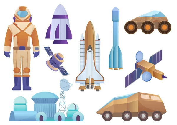 Űrhajók, épület, rakéta, űrhajós űrruhát, a műholdas és a mars rover készlet robot kolónia. Vektor galaxis helyet készlet elszigetelt fehér background. — Stock Vector