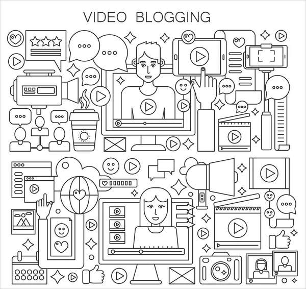 Blogger y blogging concepto de vector de línea delgada . — Vector de stock