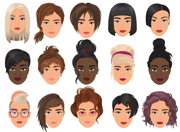 Femme réaliste détaillée avatar set vectoriel illustration. Belles jeunes filles portrait féminin avec style de cheveux différent isolé . — Image vectorielle