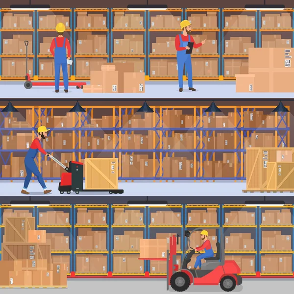 Entrega, almacén, empresa de transporte de carga interior. Empleados de almacén o fábrica con equipo de carga conjunto de pancartas horizontales . — Vector de stock