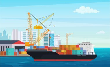 Logistics truck and transportation container ship. Cargo harbor port with industrial cranes. Shipping yard vector illustration. clipart