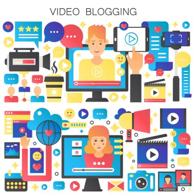 Erkek ve kadın Blogger vektör çizim. Video bloglamaya kavramı. Online dijital video blog.