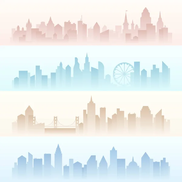 Set horizontal banners landscapes of urban modern city with tall skyscrapers in pollution fog. — Stock Vector