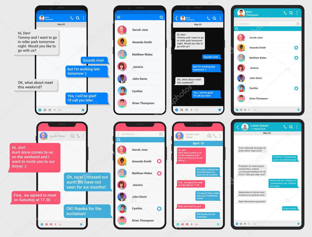 Social network concept. Chating phone and pad table screen templates set. Messenger window. Chating and messaging concept mock up for any ui presentation.