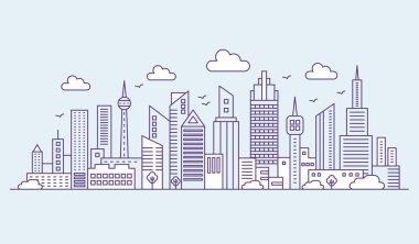 Satır modern kentsel büyük şehir üzerinde mavi arka plan panorama. Anahat cityscape gökdelenler vektör çizim.