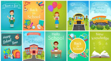Okula kart şablon afiş koymak sırt, okul otobüsü, çocuk, chalkboards, kitap, eğitim donanımları vektör çizim.