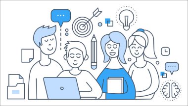 Bizim takım, office kişi, yaratıcı ekip çalışması ve kariyer büyüme düz çizgi kavramı illüstrasyon vektör.