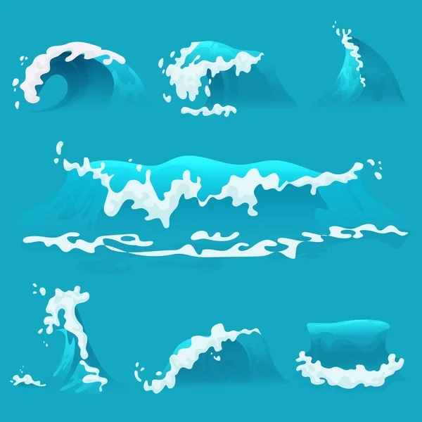 Векторный набор различных мультяшных морских или океанских волн с пеной . — стоковый вектор