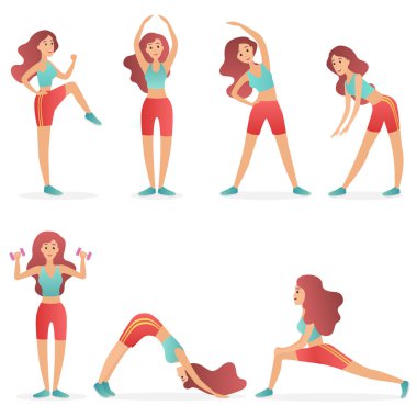 Komik güzel kadın fitness pozlar uygulamaları çeşitli farklı eğitim egzersiz vektör çizim ayarla.