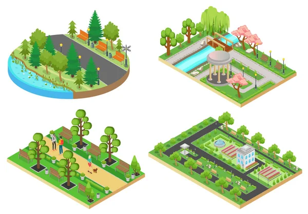 3d Isometric dessin animé style vert ville parcs publics concepts set illustration vectorielle . — Image vectorielle