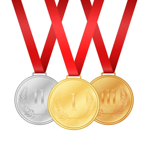 Χρυσό Μετάλλιο Ασημένιο Μετάλλιο Χάλκινο Μετάλλιο Μετάλλια Που Απομονώνονται Λευκό — Διανυσματικό Αρχείο