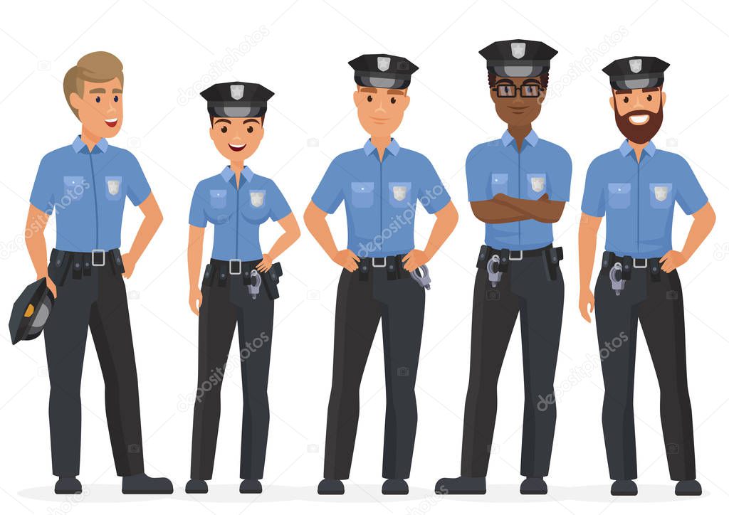 Group of cartoon security police officers. Woman and man police cops vector characters.