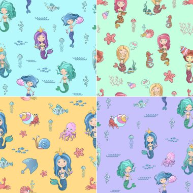 Deniz kızları ve deniz yaşamı vektör çizim ile şirin Dikişsiz desen ayarla.