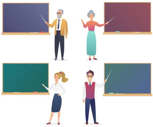 Jonge man, vrouw, senior mannelijke en vrouwelijke leerkrachten in de buurt van blackboard set. Trendy kleur voor de kleurovergang vector illustratie leraar geïsoleerd. — Stockvector
