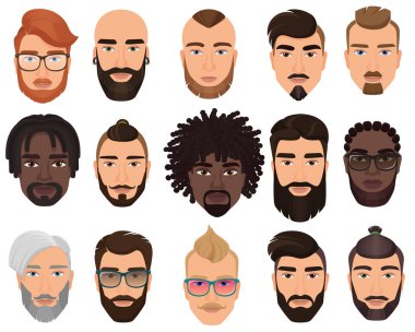 Farklı renk saç, bıyık, sakal izole erkeklerle hipsters şık sakallı.