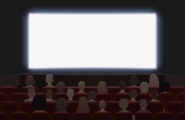 Sinema salonu iç vektör çizim film izlerken insanlar. Arkadan görünüm.
