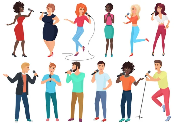 Vektor-Cartoon-Sänger mit Mikrofonen und Musiker isoliert. Menschen singen Karaoke-Lieder. — Stockvektor