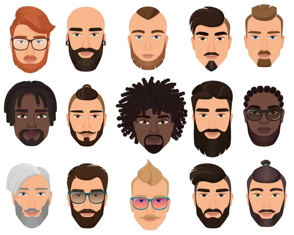 Hipsters hombres barbudos con estilo con diferentes peinados de color, bigotes, barbas aisladas . — Vector de stock