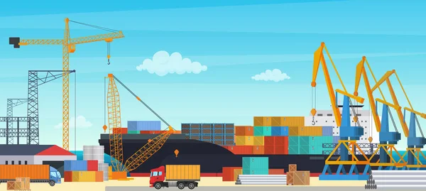 Logisztikai transportationt konténer hajó ipari daru Importálás és exportálás szállítási rakomány harbor udvar. Közlekedési ipar vektoros illusztráció. — Stock Vector
