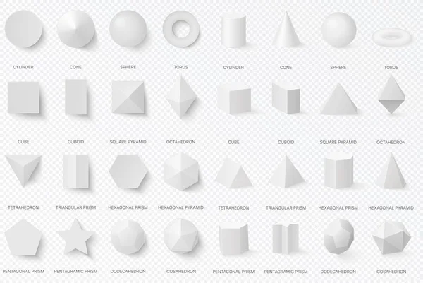 Blanc réaliste formes 3D de base en vue supérieure et frontale isolé sur le fond alpha transperant . — Image vectorielle