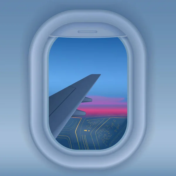 夜飛行機の窓。空の景色から夜の街。長い旅旅行概念ベクトル図. — ストックベクタ